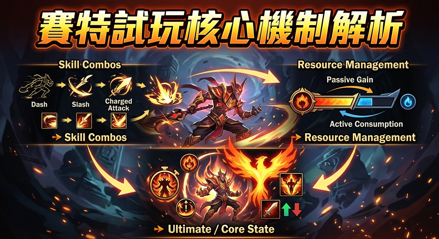 這張圖片是一個遊戲核心機制的解析圖解,中央展示著一位穿著紅色戰甲的英雄角色。 整體採用暗色調背景配上火焰與光芒特效,上方醒目地標示著主題標題「賽特試玩核心機制解析」。