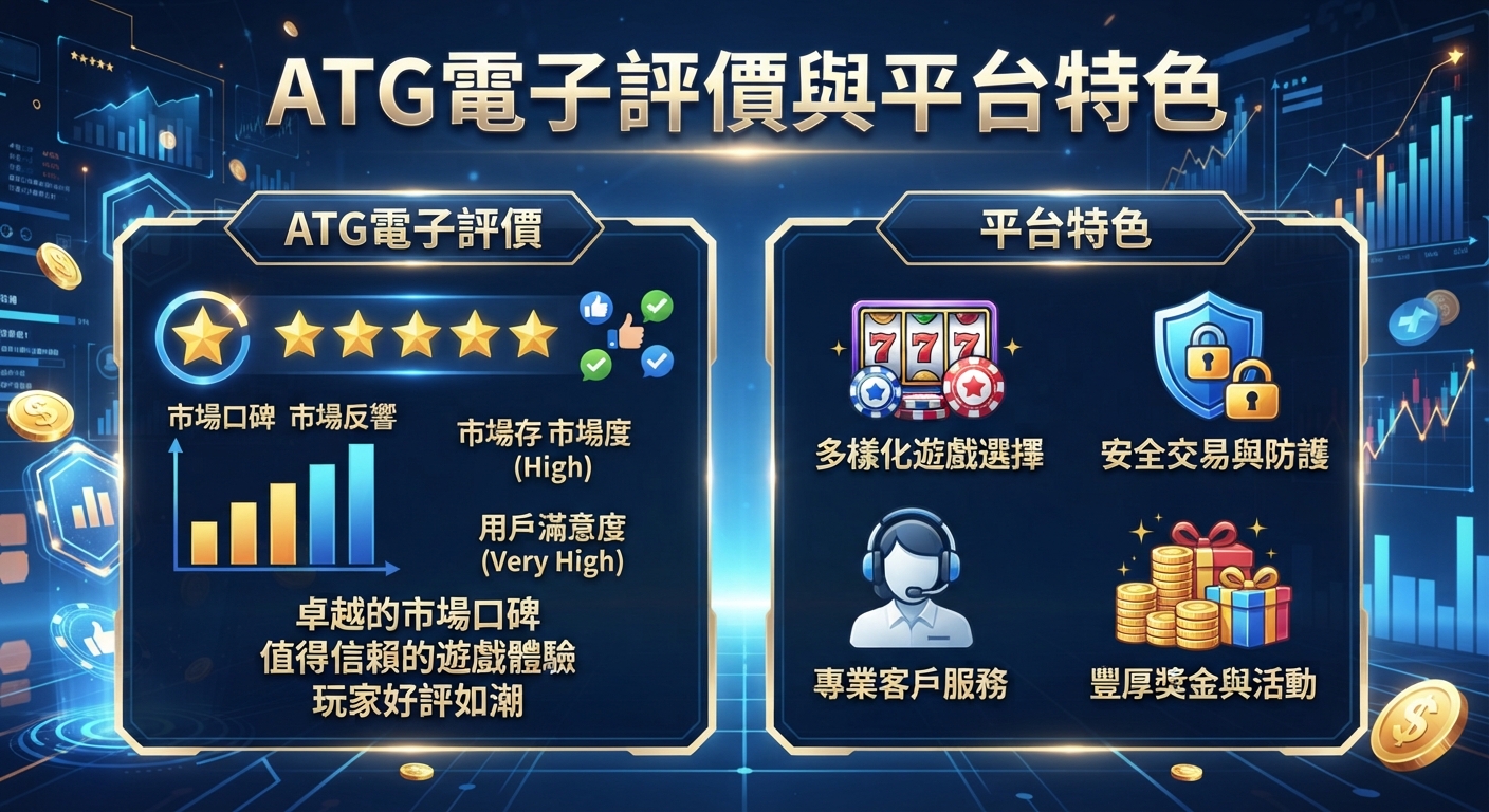 這是一張關於ATG電子評價與平台特色的資訊圖表。 圖中分為左右兩欄,左側展示市場口碑與用戶滿意度,右側則介紹遊戲選擇與安全防護等平台特色。