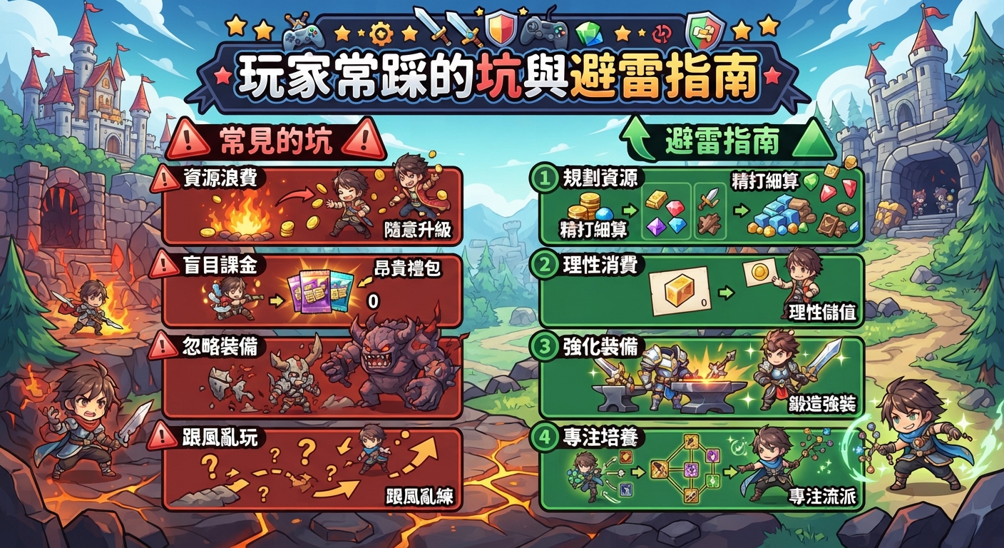 圖片展示了一份遊戲指南,分為左側紅色區塊常見的陷阱與右側綠色區塊正確的避雷指南。 上方醒目地標有繁體中文標題「玩家常踩的坑與避雷指南」,並以精美的手繪遊戲風格呈現。