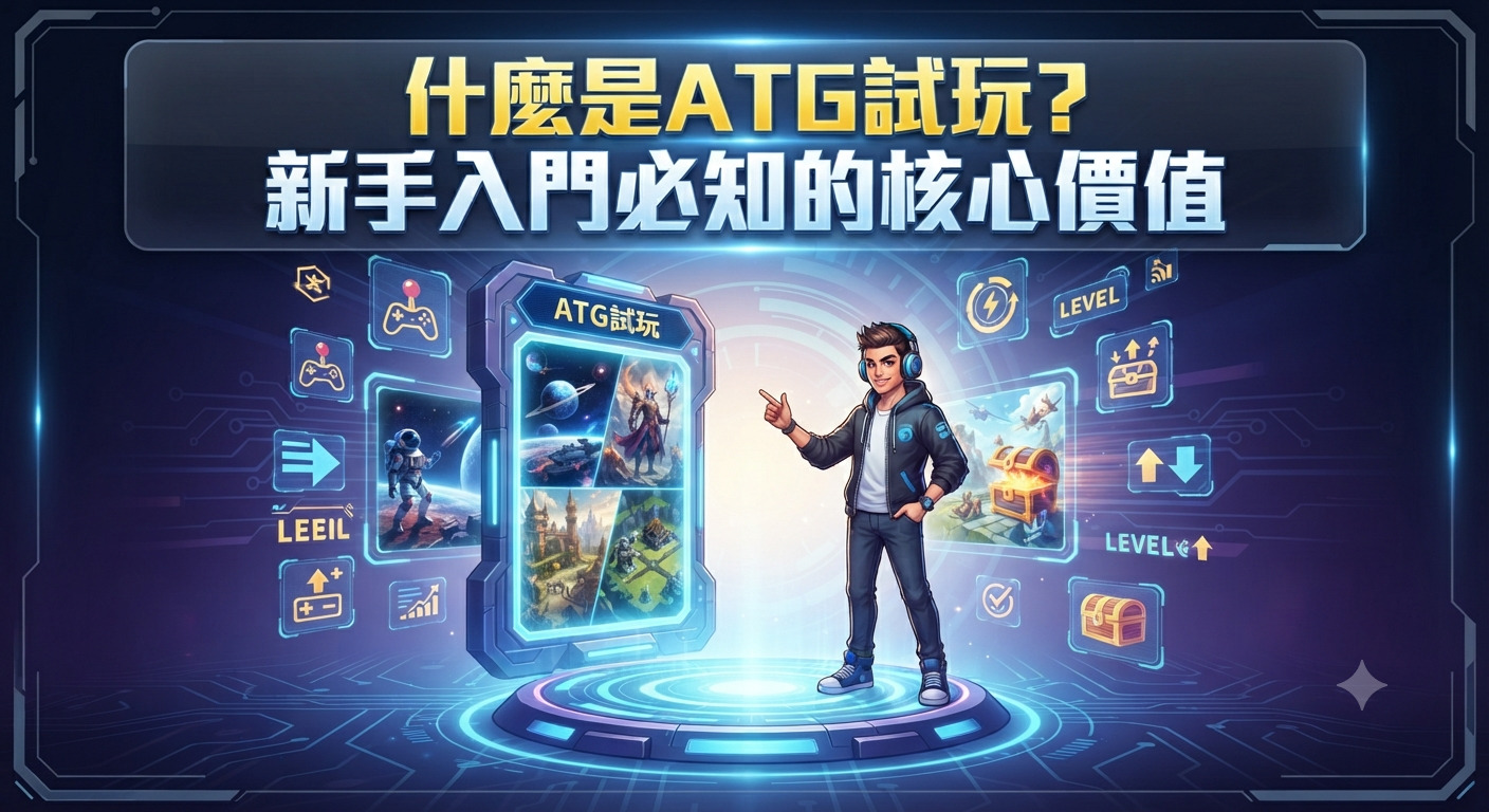 這是一張以「什麼是ATG試玩?新手入門必知的核心價值」為主題的科技風格宣傳圖片。 畫面中央是一位年輕玩家正指著包含ATG試玩內容的虛擬介面,周圍環繞著遊戲圖標與全息光效。