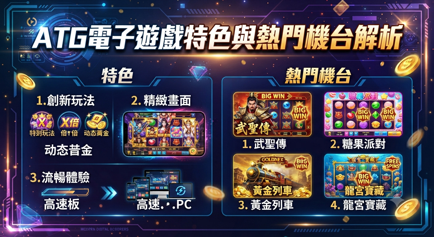這是一張以「ATG電子遊戲特色與熱門機台解析」為標題的科技感宣傳圖片。 畫面整合了遊戲特色說明與熱門機台圖示,展現出電子遊藝的豐富內容與動態視覺風格。